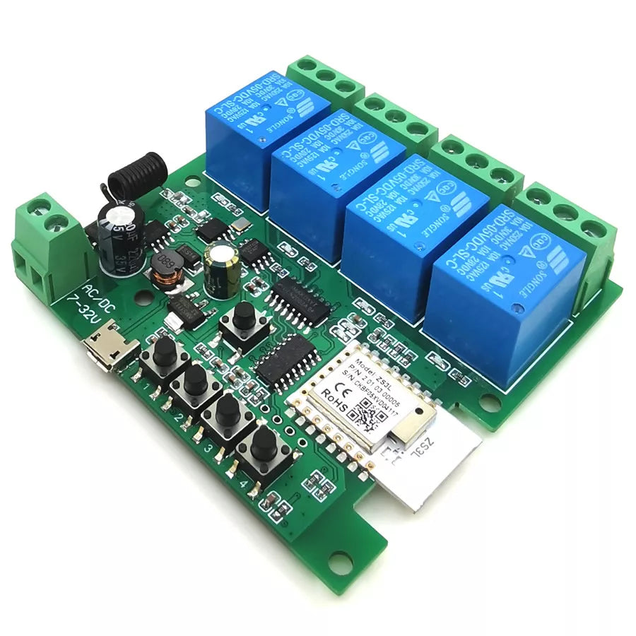 SmartWise 5V-32V 4-gang smart relay switch, com dry contact and momentary switch, Zigbee + RF