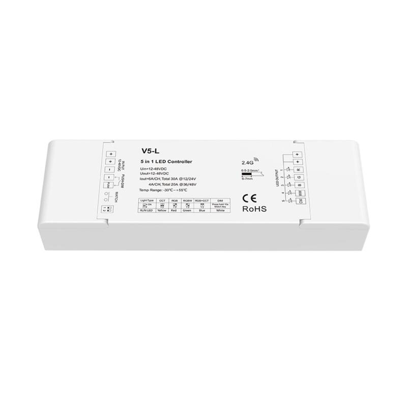 Controlador de Fita LED Monocromáticas/CCT/RGB/RGBW/RGB+CCT 12-24V SKYDANCE V5-L Compatível com Botão Pulsador e Comando RF