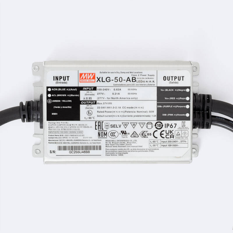Driver MEAN WELL Regulável 1-10V IP67 100-240V Saída 22-54V 1000-2100mA 50W XLG-50-H-AB