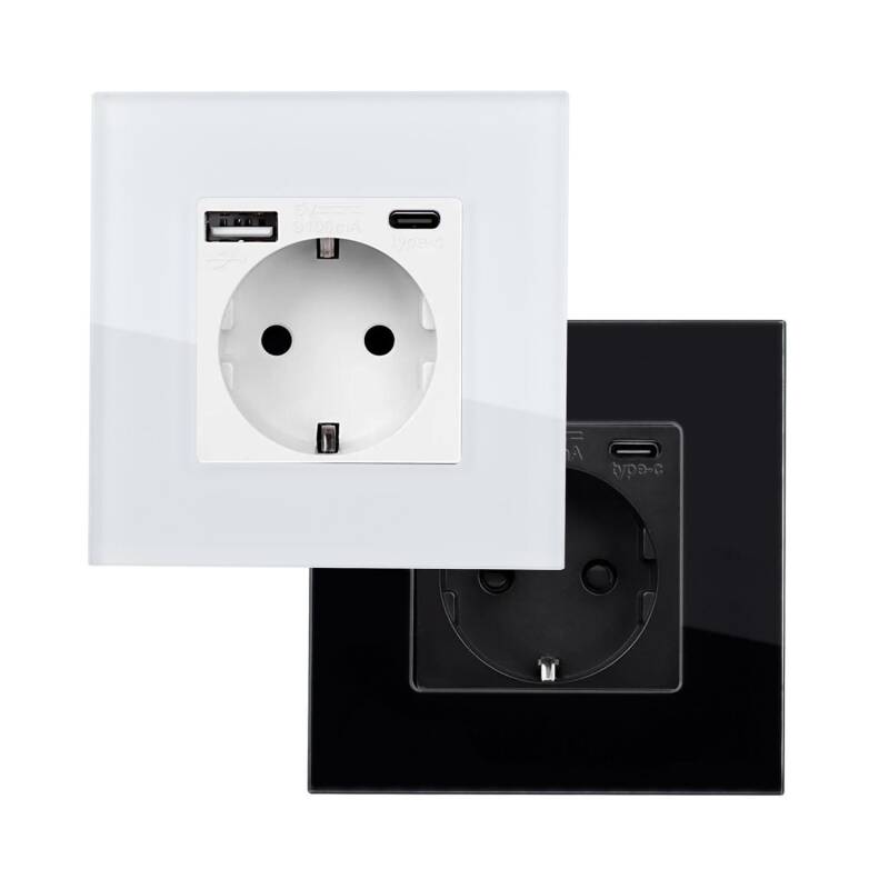 Ficha com USB Schuko Tipo F com Moldura Vidro Modern