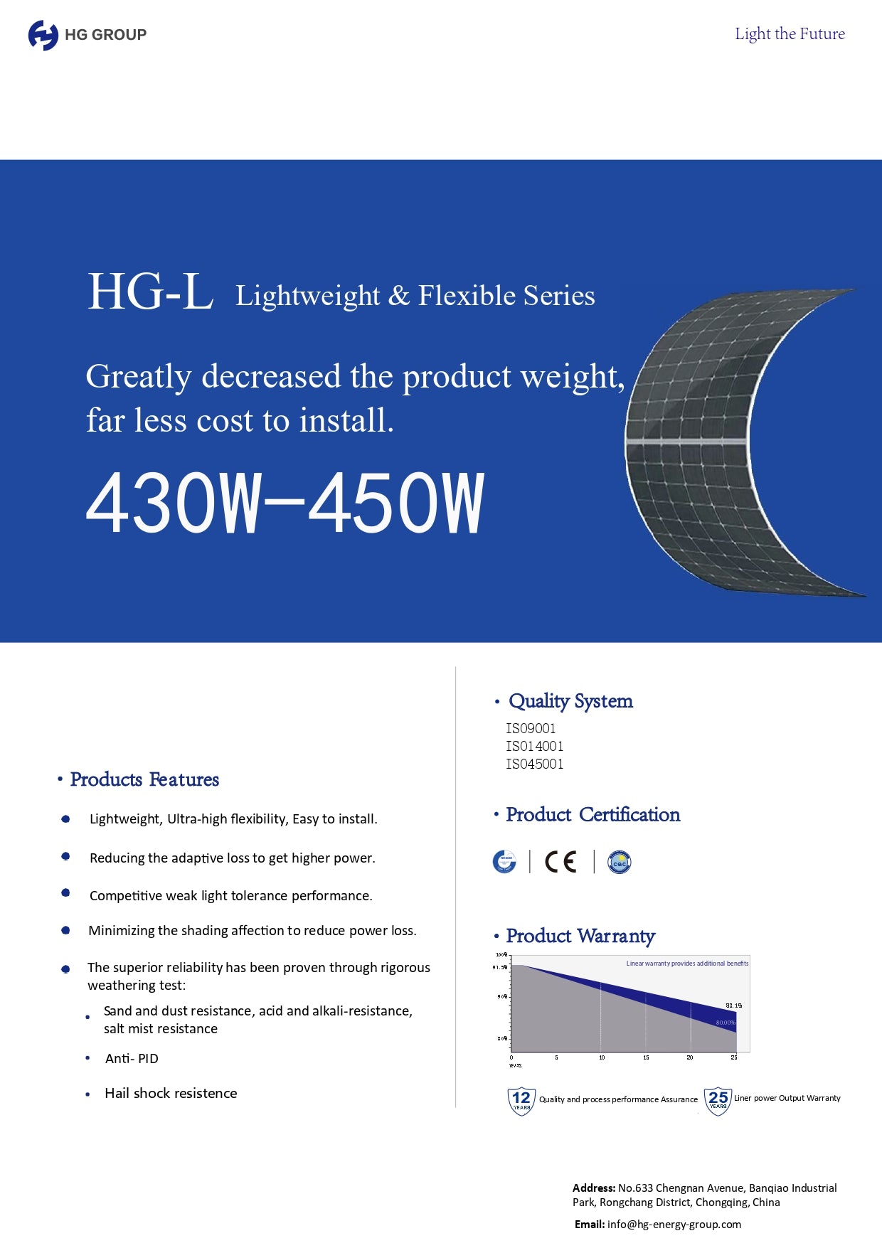 Painel Solar HG Energy HG-L430-60CWE 430W Flexível