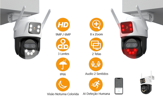 Câmera Ip / Wifi, Rotativa c/ 3 Lentes