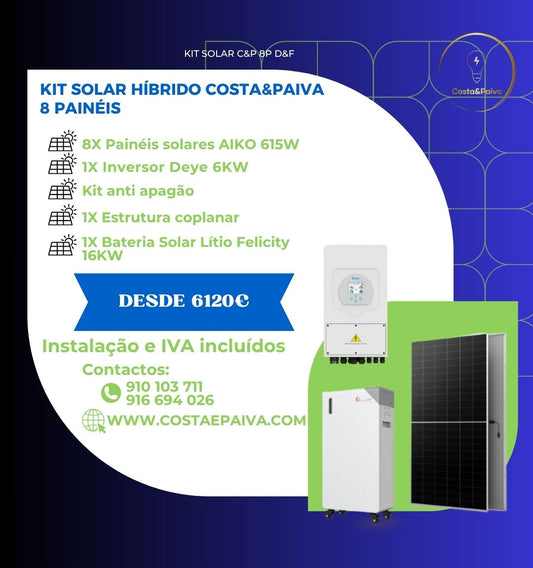 Kit Solar 4.9kW Aiko ABC + Inversor Deye +  Bateria 16kWh Felicity | Instalação e Licença DGEG Incluídas