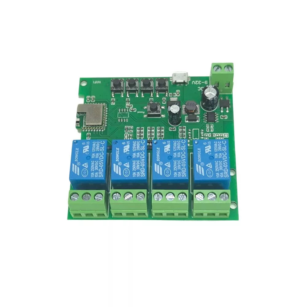 SmartWise 5V-32V Wi-Fi + Bluetooth 4-gang smart relay switch, NO/NC, dry contact, momentary, interlock, eWeLink compatible, in plastic case
