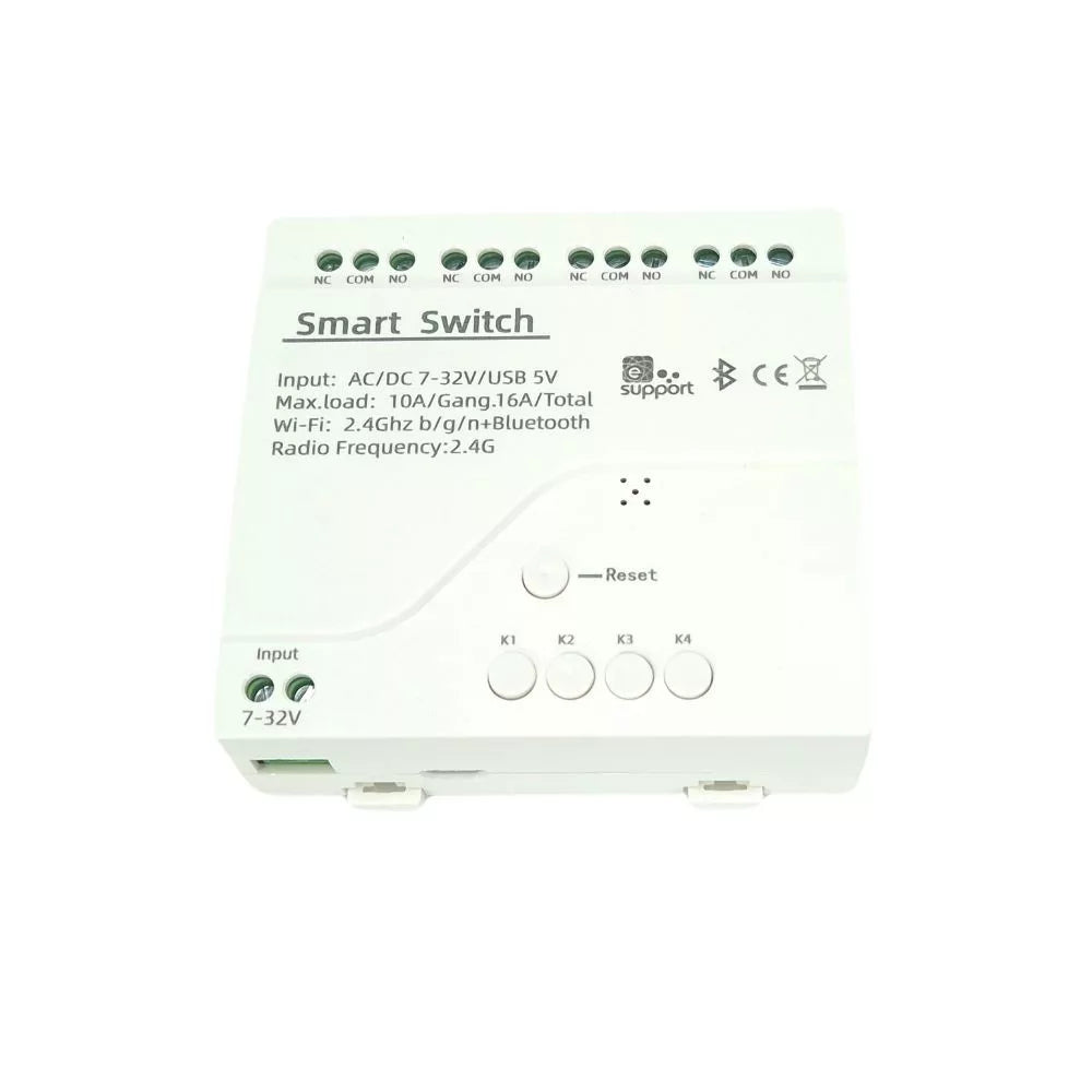SmartWise 5V-32V Wi-Fi + Bluetooth 4-gang smart relay switch, NO/NC, dry contact, momentary, interlock, eWeLink compatible, in plastic case