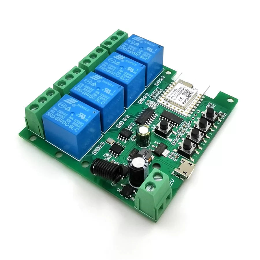 SmartWise 5V-32V 4-gang smart relay switch, com dry contact and momentary switch, Zigbee + RF