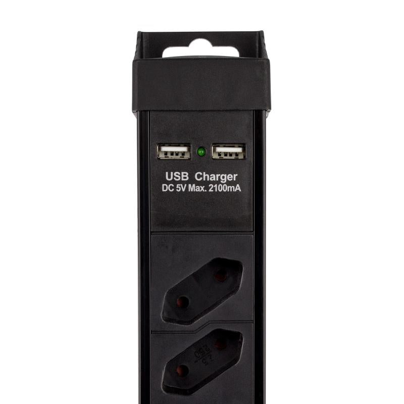 Base Múltipla 6 Tomadas Tipo F Schuko Protetor Sobretensões + 2 Tomadas Tipo C + 2 USB 5m
