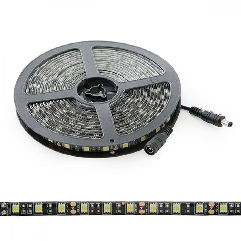Faixa de 300 LEDs 72W 4.200Lm CRI85 6000ºK SMD5050 12VDC IP65 Preto Pcb x5M 40.000H-Branco Frio