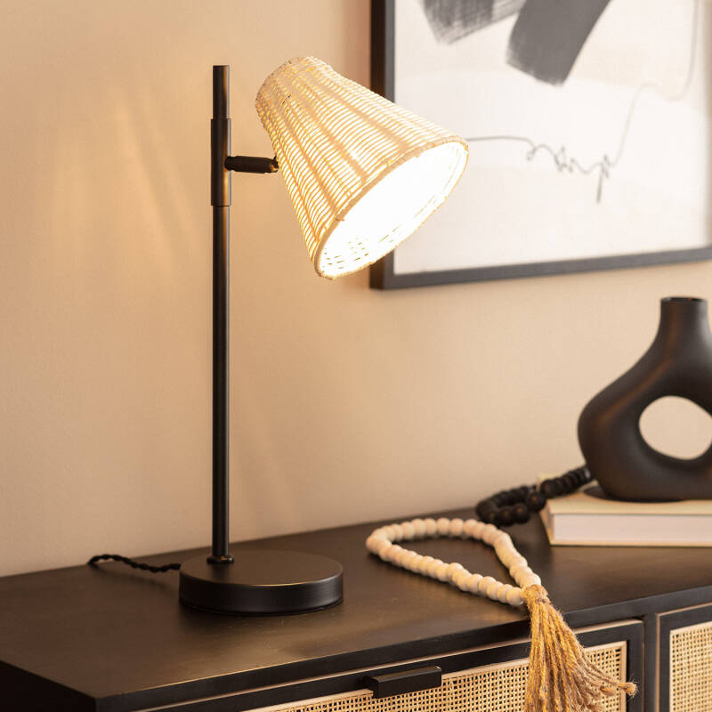 Candeeiro de Mesa Metal e Rattan Cesto