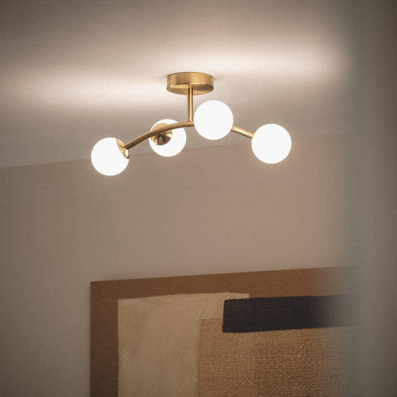 Candeeiro de Teto Metal e Vidro Moonlight Brass Ovo 4 Focos
