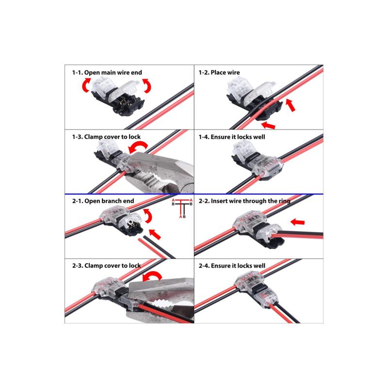 Conector tipo T de 2 pólos de cabo não decapado de 0,5mm para as Fitas LED IP40