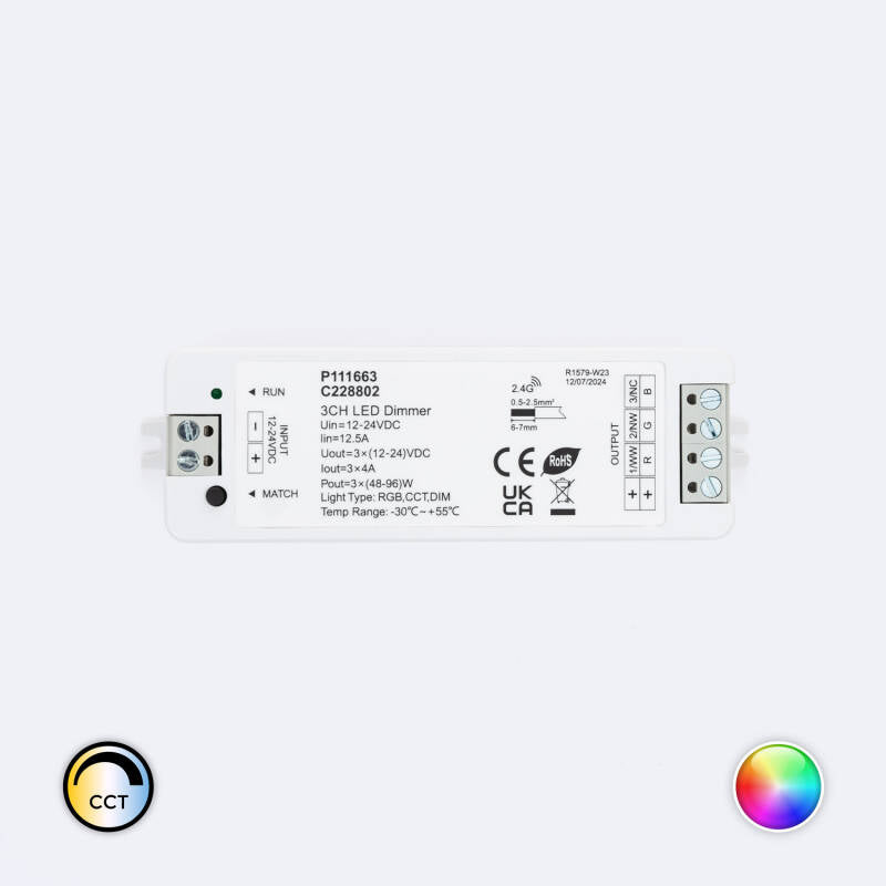 Controlador de Fita LED Monocromática/CCT/RGB 12-24V SKYDANCE V3 Compatível com Comando RF