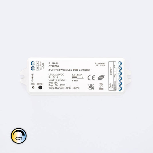 Controlador Regulador Fita LED CCT 12/24 V CC, 2 fios, Compatível com Botão e Comando RF