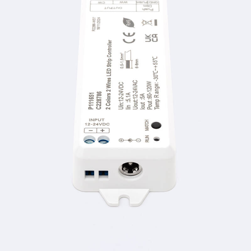 Controlador Regulador Fita LED CCT 12/24 V CC, 2 fios, Compatível com Botão e Comando RF