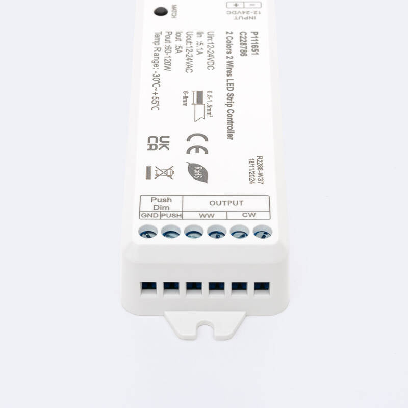 Controlador Regulador Fita LED CCT 12/24 V CC, 2 fios, Compatível com Botão e Comando RF