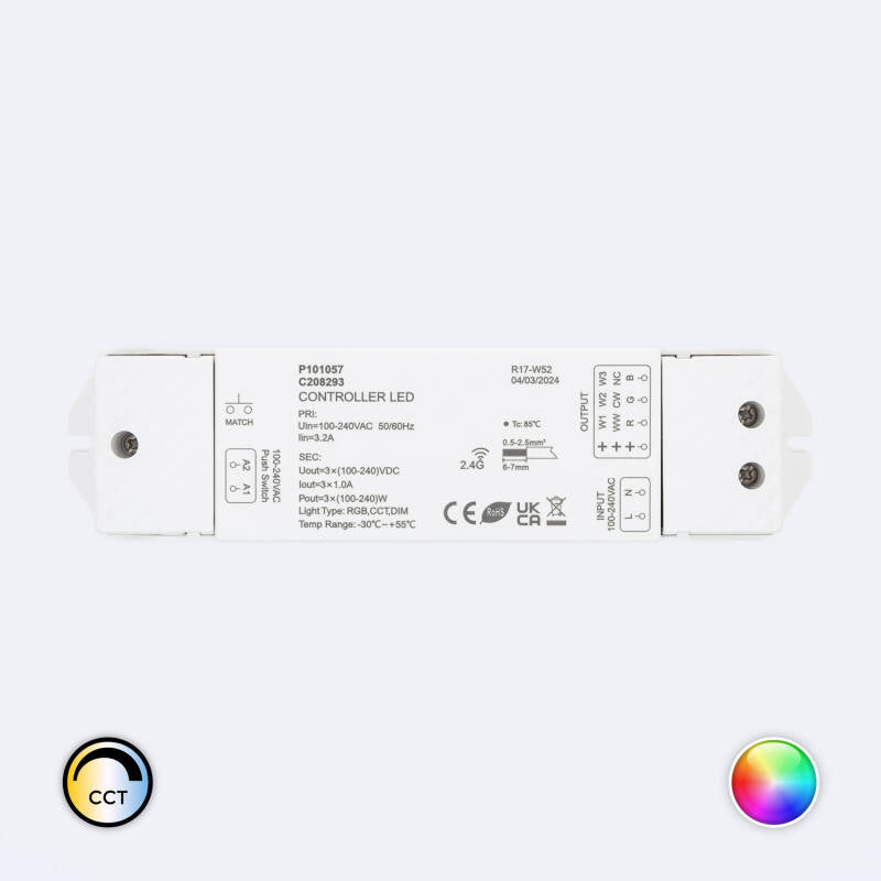 Controlador de Fita LED 220V monocromático/CCT/RGB SKYDANCE S3 Compatível com Pulsador e Comando RF