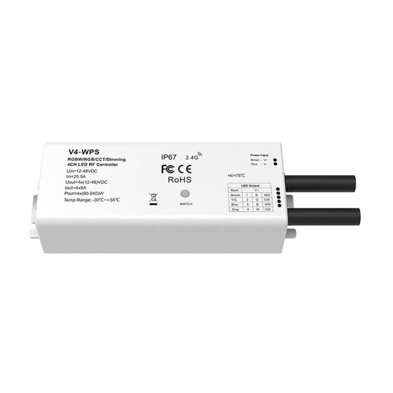 Controlador de Fita LED Monocromática/CCT/RGB/RGBW 12-24V IP67 SKYDANCE V4-WPS Compatível com Comando RF