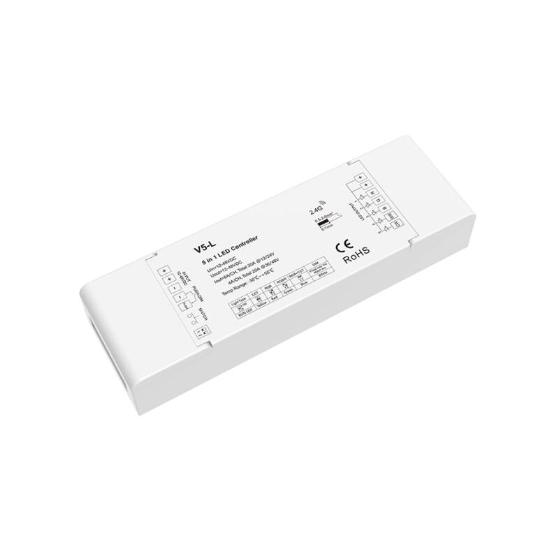 Controlador de Fita LED Monocromáticas/CCT/RGB/RGBW/RGB+CCT 12-24V SKYDANCE V5-L Compatível com Botão Pulsador e Comando RF