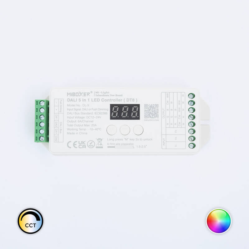 Controlador Regulador LED DL-X DALI 5 em 1 DT8 para Fita Monocor/CCT/RGB/RGBW/RGB+CCT 12/24V DC MiBoxer