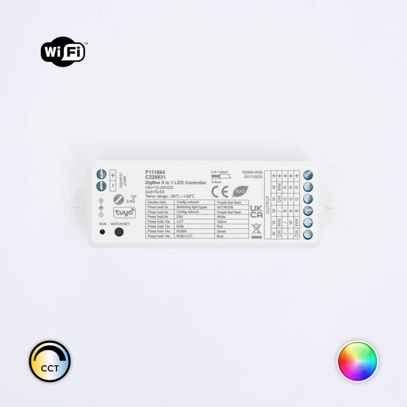 Controlador Zigbee e RF 5 em 1 DIM/CCT/RGB/RGBW/RGB+CCT 12-24V SKYDANCE WZ5 para Fitas LED