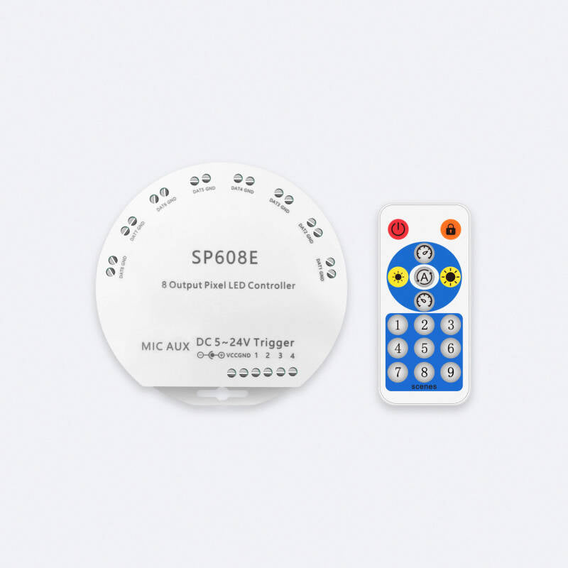Controlador Regulador para 8 Fitas LED RGBIC Digital SPI 5-24V DC com Comando RF e APP