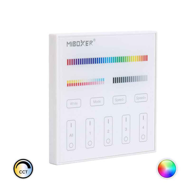 Controlador RF 220-240V AC de Parede para Regulador LED RGB+CCT 4 Zonas RF MiBoxer T4