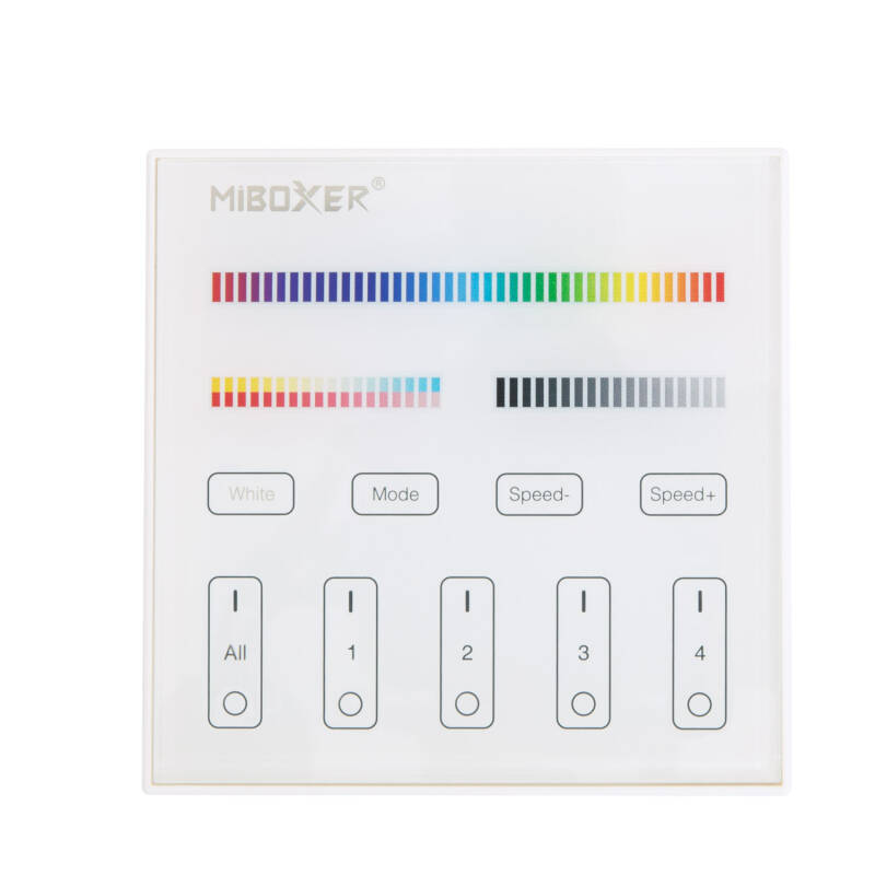 Controlador RF 220-240V AC de Parede para Regulador LED RGB+CCT 4 Zonas RF MiBoxer T4