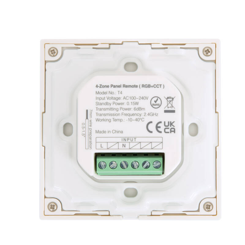 Controlador RF 220-240V AC de Parede para Regulador LED RGB+CCT 4 Zonas RF MiBoxer T4