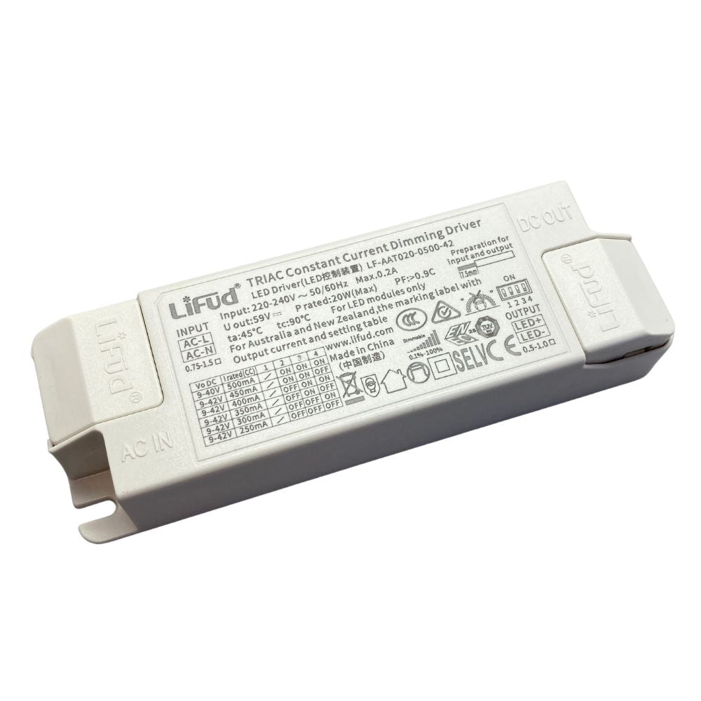 Driver Lifud 20W Saída: 9-42V 250-500mA Regulável, Borda de subida/descida, IP20