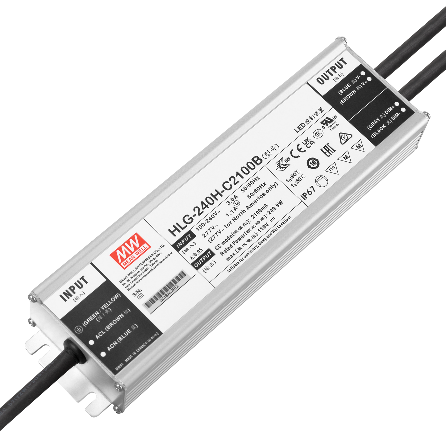 Driver de LED Meanwell 240W 90-305VAC 2100A IP67