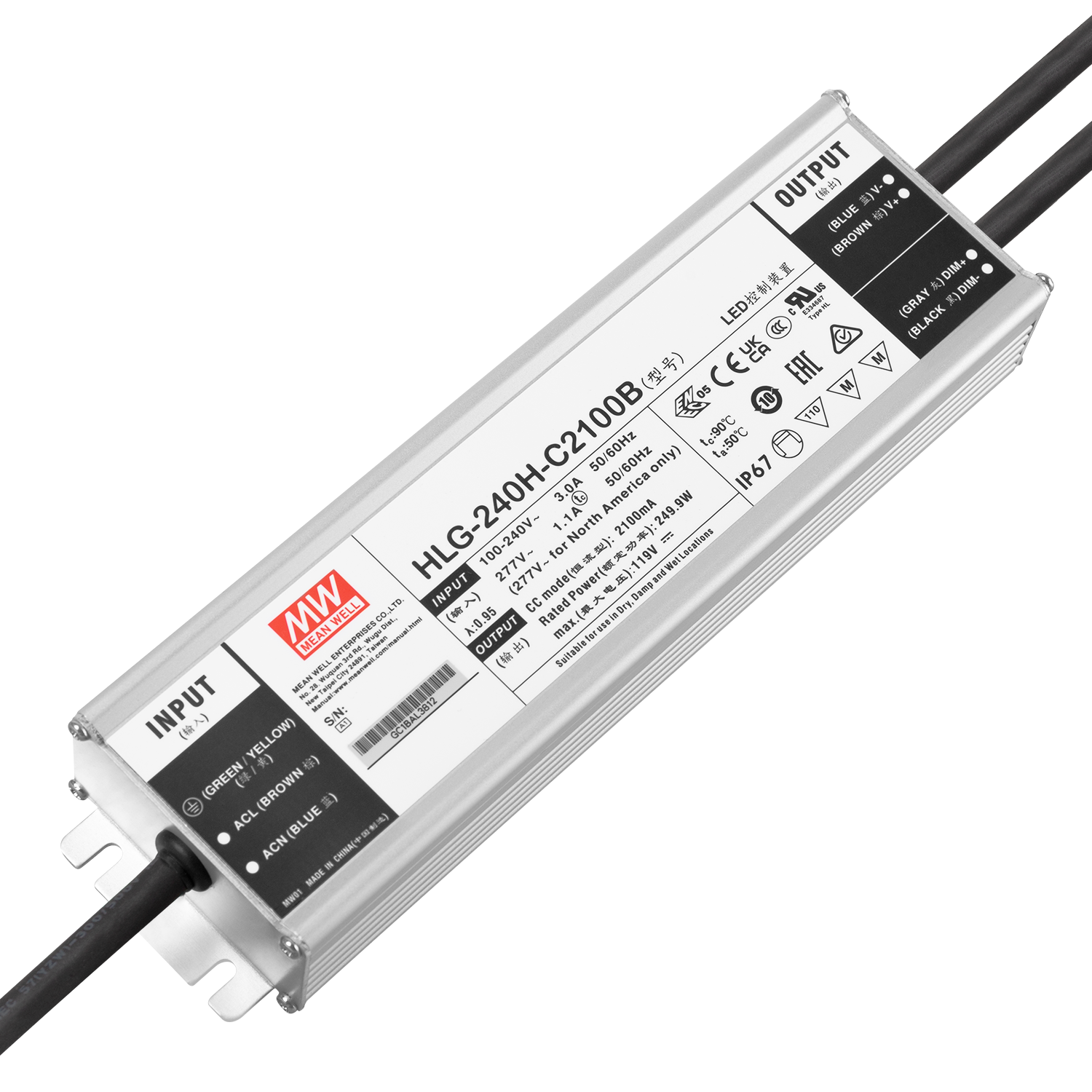 Driver de LED Meanwell 240W 90-305VAC 2100A IP67