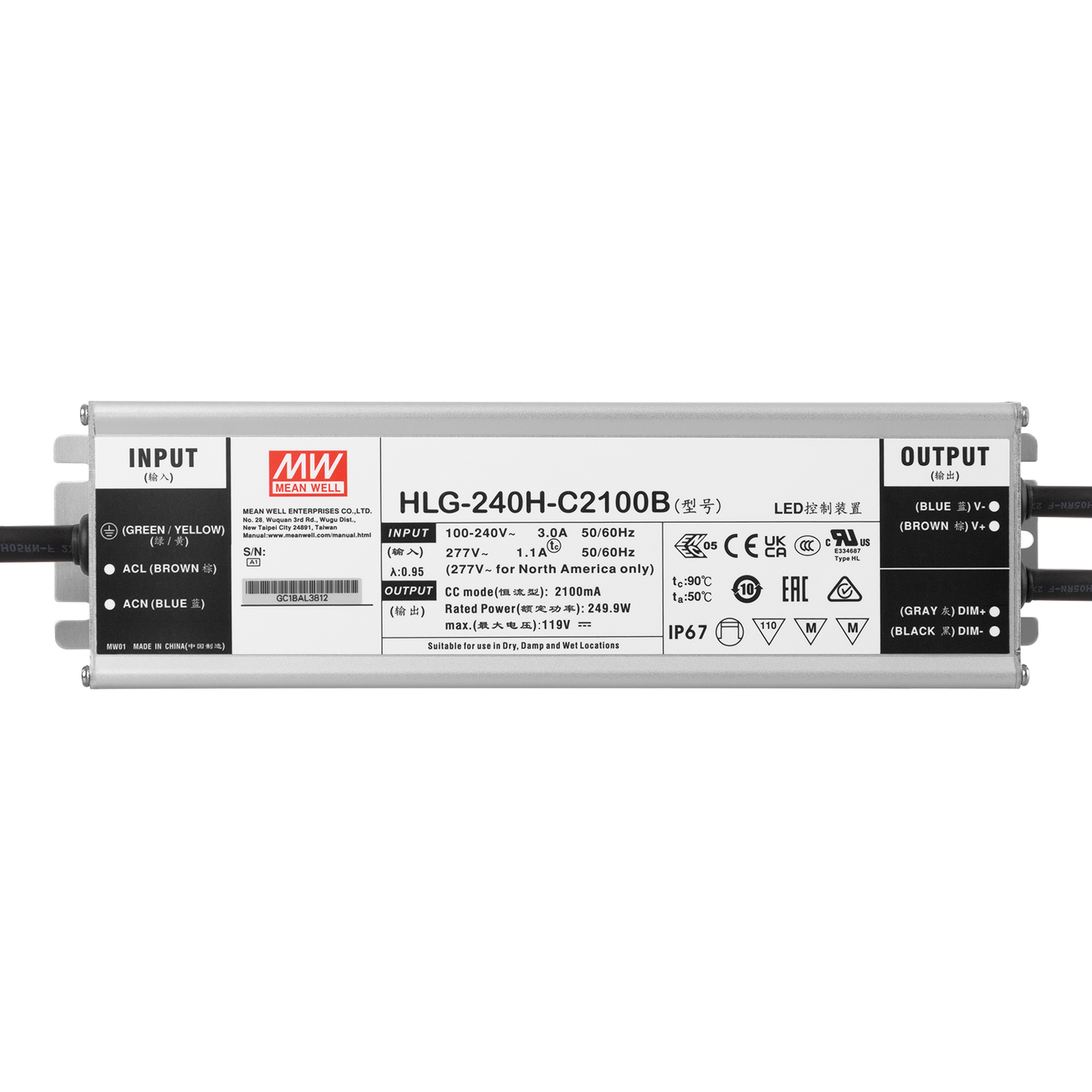 Driver de LED Meanwell 240W 90-305VAC 2100A IP67
