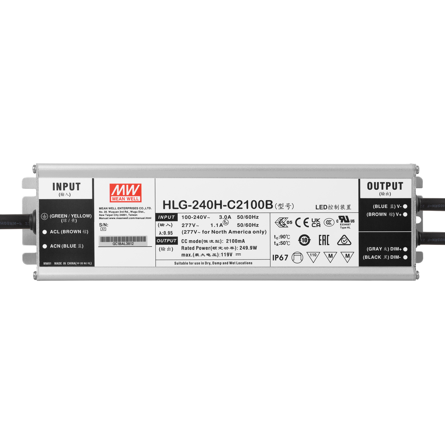 Driver de LED Meanwell 240W 90-305VAC 2100A IP67