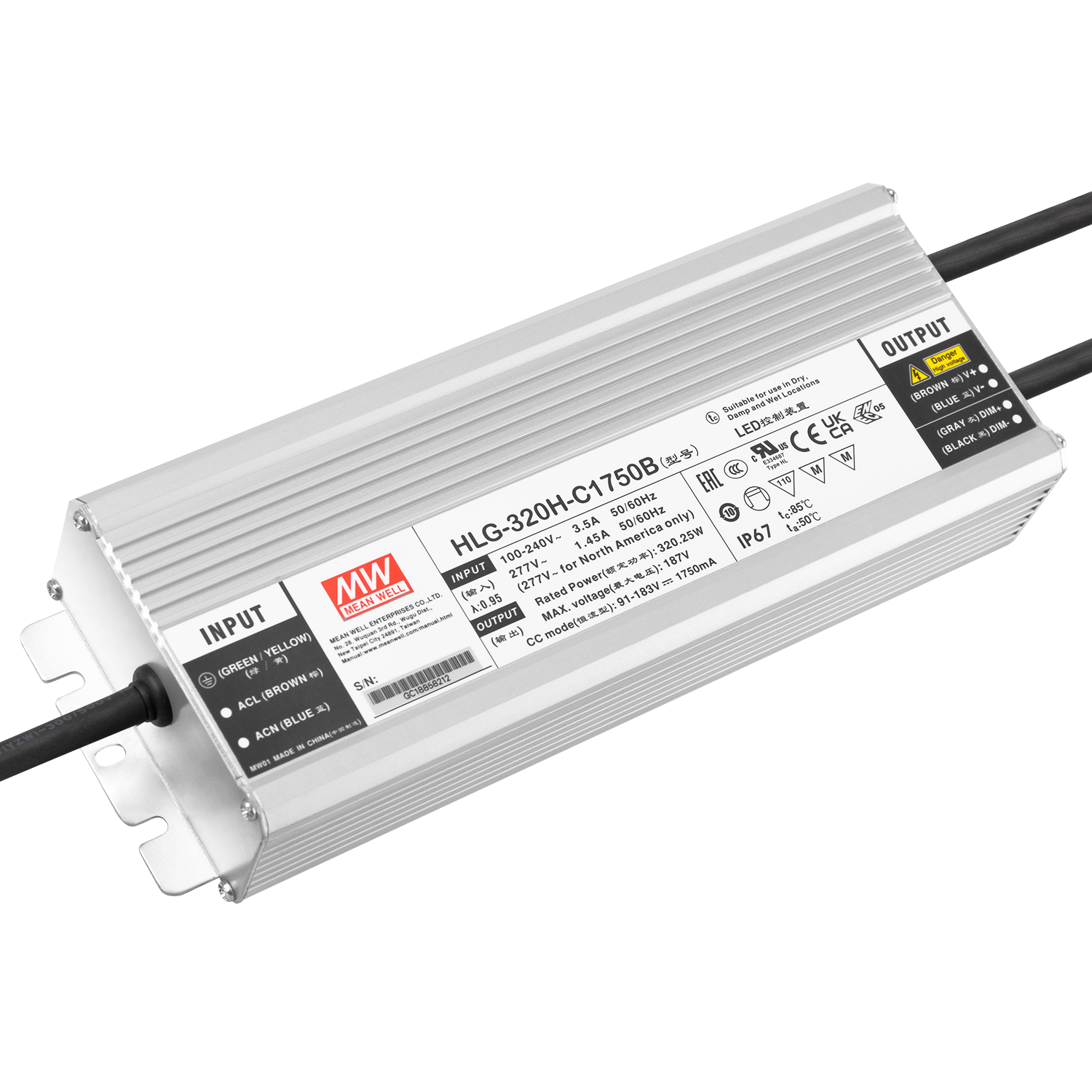 Driver de LED Meanwell 320W 90-305VAC 1750A IP67