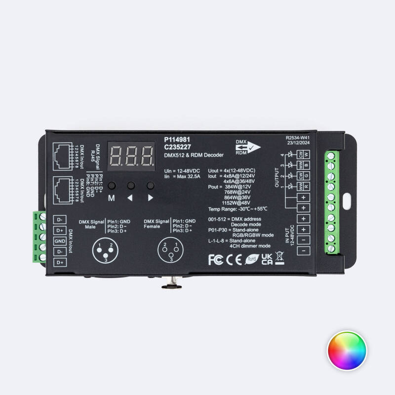 Descodificador DMX512 e RDM 4 Canais 12-48V SKYDANCE D4-XE com Porta XLR5