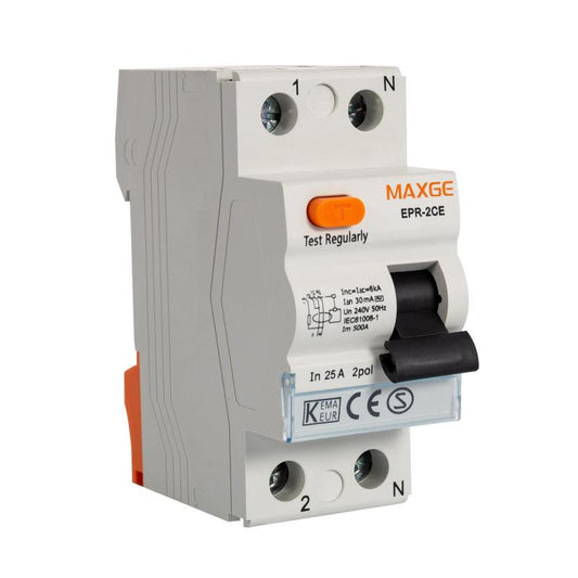 Disjuntor diferencial residencial 2P, 30 mA, 25-40 A, 6 kA, Classe AC, MAXGE