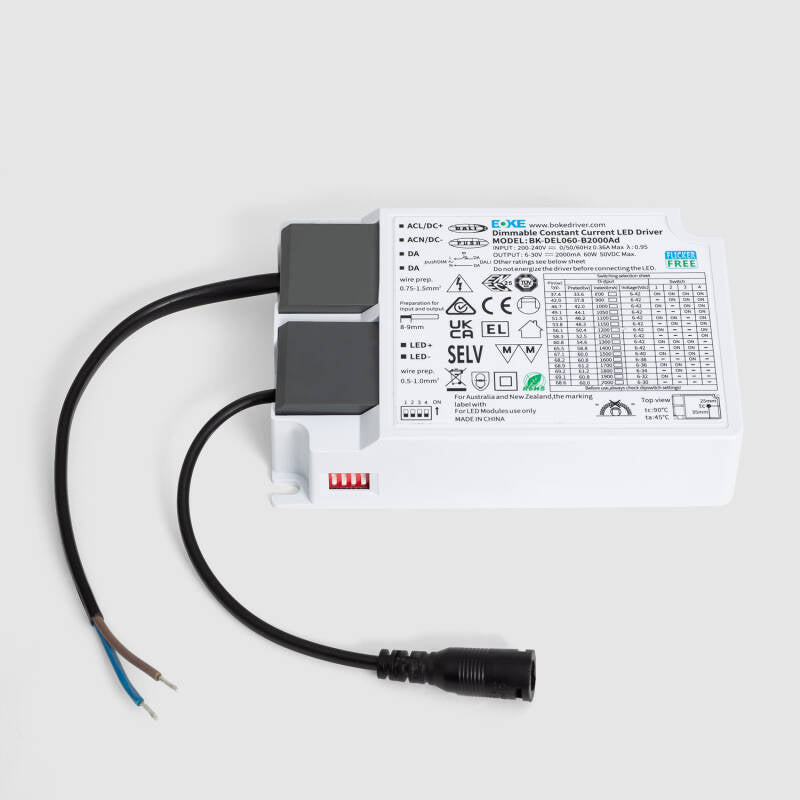 Driver BOKE Regulável DALI/PUSH 200-240V No Flicker Saída 6-30V 800-2000mA 60W BK-DEL060-B2000Ad