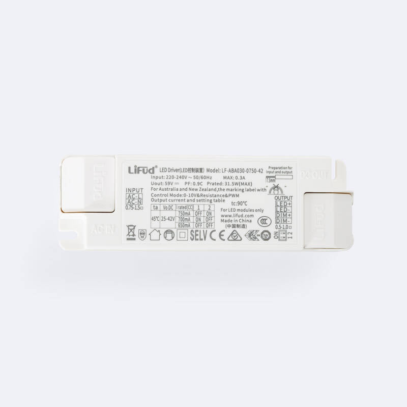Driver LIFUD Regulável 0-10V 220-240V No Flicker Saída 25-42V 650-750mA 26-30W LF-ABA030-0750-42