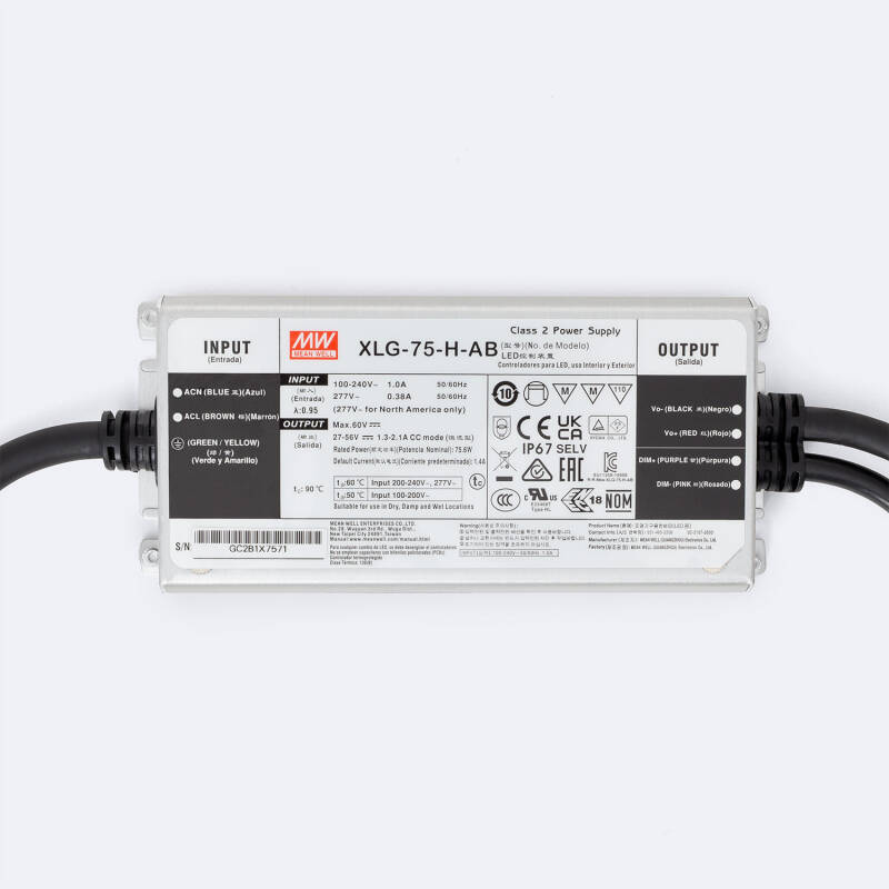 Driver MEAN WELL IP67 100-240V Saída 27-56V 1300-2100mA 75W XLG-75-H-AB