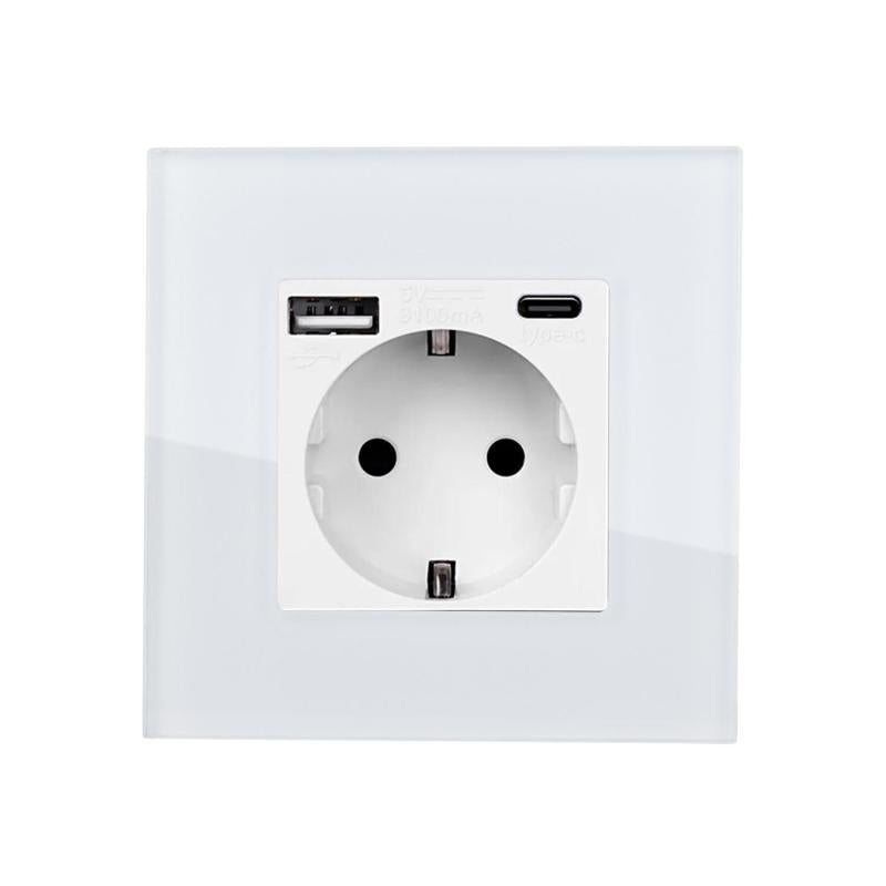 Ficha com USB Schuko Tipo F com Moldura Vidro Modern