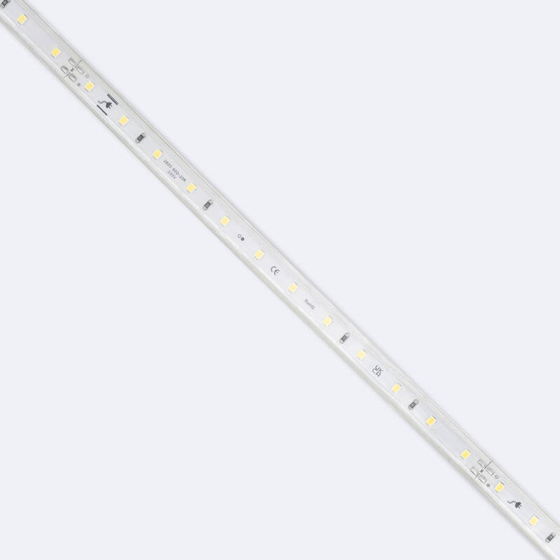 Fita LED Regulável 220V SMD 60 LED/m Branco Super Quente 6W/m 600lm/m Largura 12mm Corte 20cm IP65 à Medida