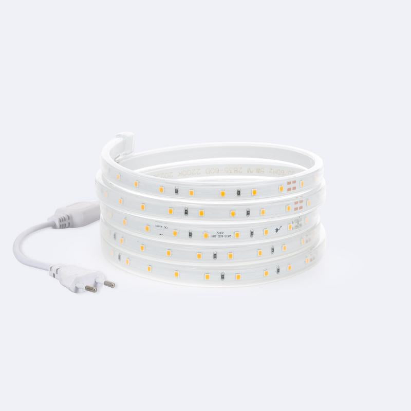 Fita LED Regulável 220V SMD 60 LED/m Branco Super Quente 6W/m 600lm/m Largura 12mm Corte 20cm IP65 à Medida