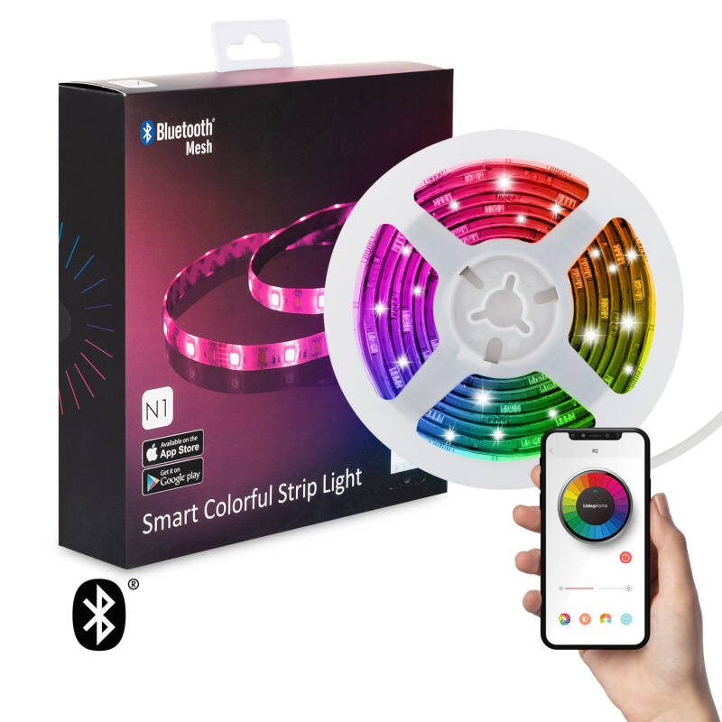 Fita LED RGB Controle por Smartphone Bluetooth 30 LED/m 2m Kit com Fonte de Alimentação