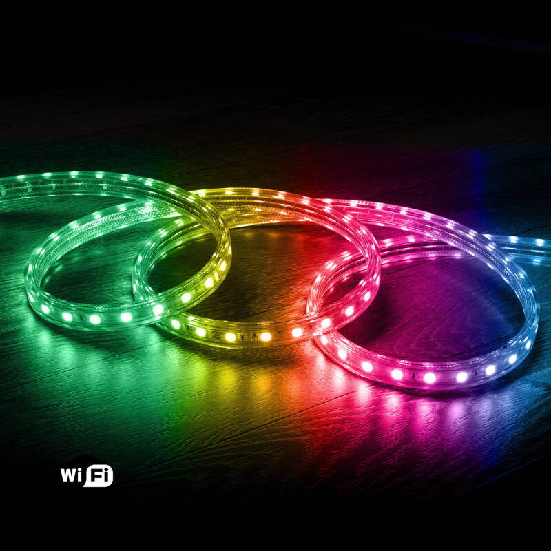 Fita LED RGB 220V SMD 60 LED/m 10W/m Largura 16mm Corte 100cm IP65 Controle WiFi