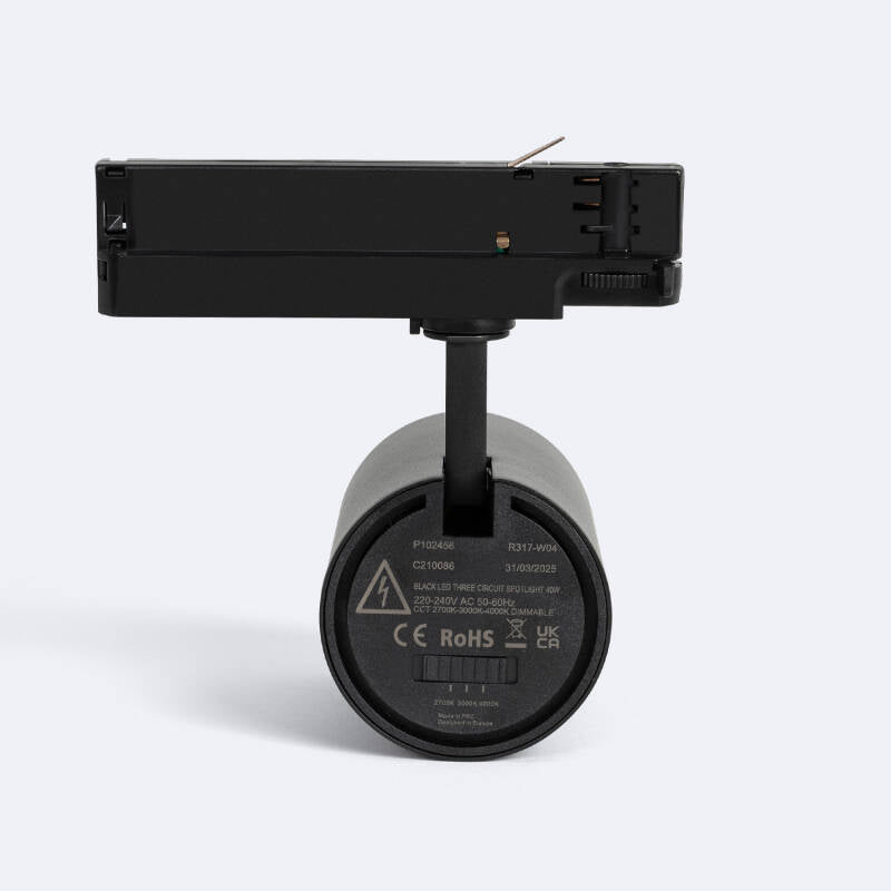 Foco Calha LED Trifásico 40W Fasano Cilíndrico CCT Seleccionável Regulável Preto