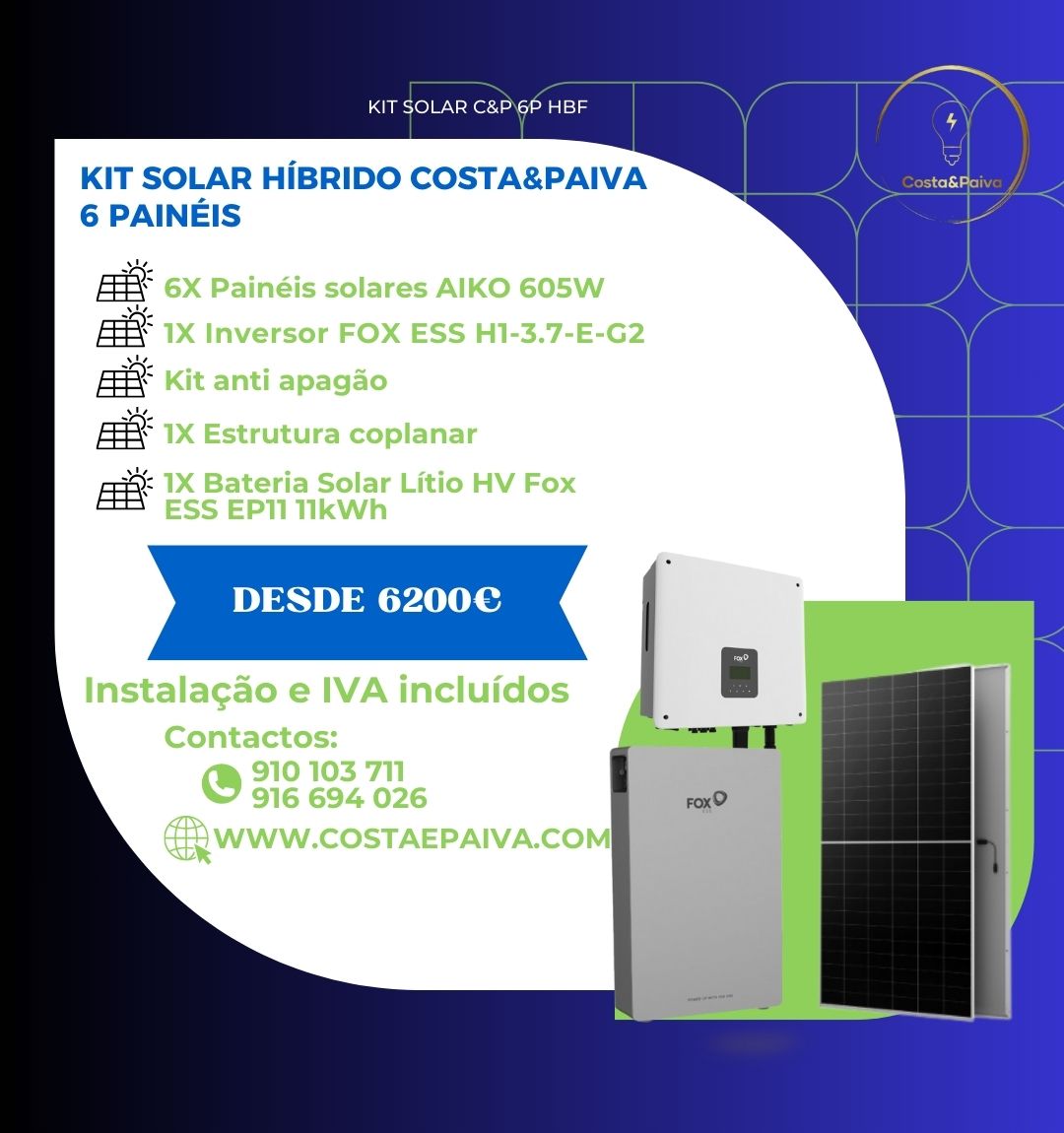 Instalação kit solar fotovoltaico Fox com 6 painéis e bateria de 11KW
