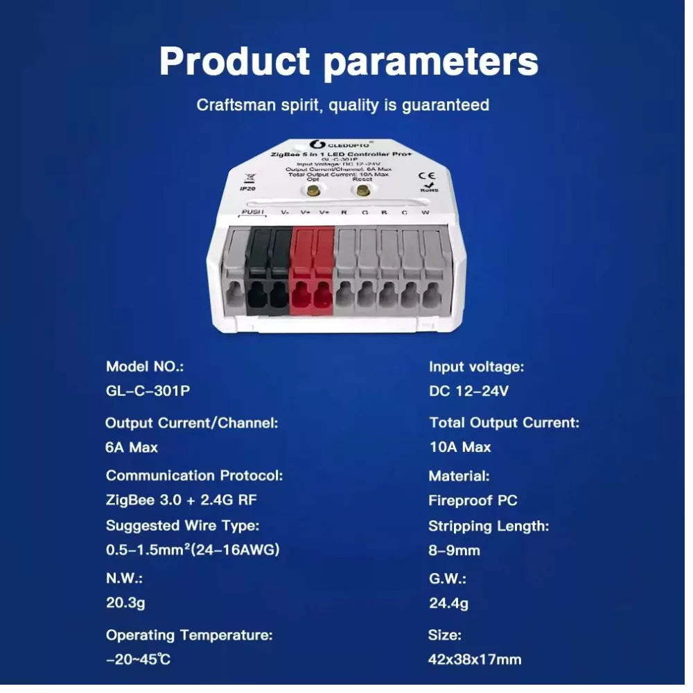 Gledopto GL-C-301P ZigBee Pro+ (Zigbee 3.0 + RF 2.4GHz) Ultra Mini 5-in-1 RGBCCT LED fita controller