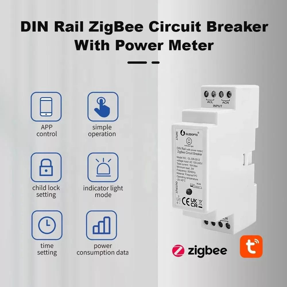 Gledopto GL-DR-001Z Tuya Zigbee DIN-rail relay com power meter (16A)