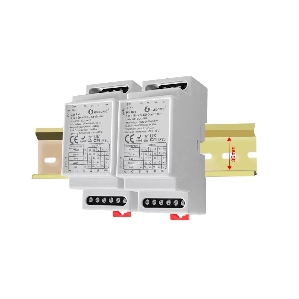 Gledopto GL-C-011P, Zigbee Pro 5-in-1 LED controller (Zigbee+RF) 12V-54V DC, DIN-rail compatible