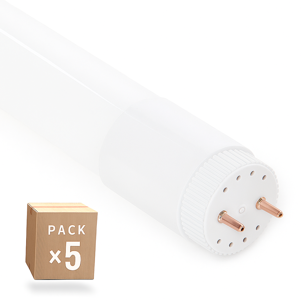 Pack com 5 tubos LED T8, 18W, 2.880 lumens, 6000K, vidro, 120 cm, ligação em ambas as extremidades, 40.000 horas